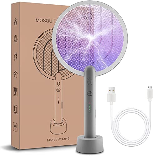Mosiller Raqueta 2 en 1 Matamoscas Eléctrico y 4000V Mata Insectos De con USB Base De Carga, Matamoscas Portátil y Lámpara UV con Malla Segura de 3 Capas para Interior(Gris)