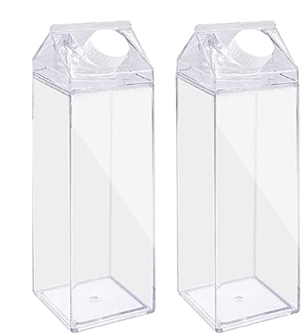 2 Pack 17Oz Milk Carton Water Bottle Plastic Milk Box BPA Free Child Friendly Reusable Milk Carton Shaped Water Bottle Leakproof Juice Tea Jug for Travelling Sports Camping Outdoor Activities