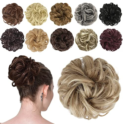 FESHFEN Haarteil Mit Gummiband, Dutt Haarteil Haargummi Mit Haaren Gelockt Haardutt Synthetisch Haar Haarverlängerung Pferdeschwanz Haarteile für Damen Mädchen, Gemischte Blond & Aschblond Spitzen 42g