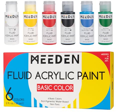 MEEDEN Pinturas Acrilicas 6 × 60 ml, Líquida Acrylic Paint Set, No Tóxico y Resistente a la luz, para Lienzos, Tela, Madera, Cristal, Piedras