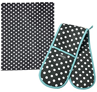 Dexam Polka Slate Grey Tea Towel & Double Oven Glove Set