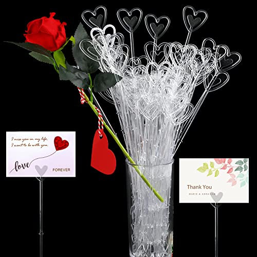 CCINEE 100 Stück Kunststoff-Blumenplektrum-Kartenhalter, transparent, herzförmige Blumen-Tischkartenhalter, Clips für Hochzeit, Blumenstrauß, Geburtstag, Partyzubehör, 22,9 cm