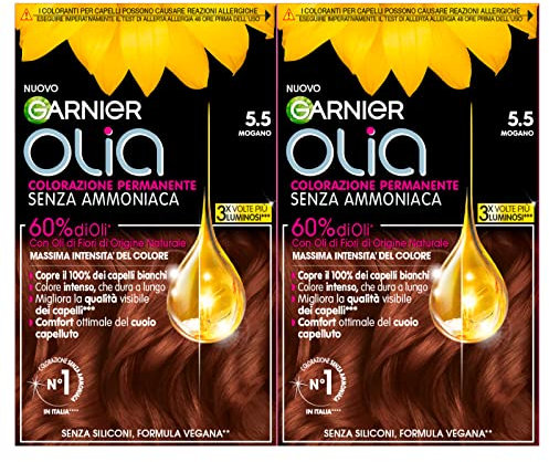 Garnier Olia Permanente Haarfarbe, ohne Ammoniak, Färbung mit Blütenölen natürlichen Ursprungs mit aufhellender und pflegender Wirkung, Farbe 5,5 Mahagoni – 2 Packungen