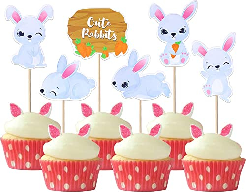 36 Stück Kaninchen Tortendeko Bunny Cupcake Toppers Kaninchen Kuchen Deko für Ostern Tier Thema Kinder Geburtstag Party Kuchen Dekorationen