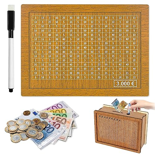 Spardose Holz,Sparbox mit Zahlen ankreuzen,Spardose, Retro Sparbüchse,Spardose Kinder Sparziel,Wiederverwendbare Spardose mit Sparziel und Zahlen zum ankreuzen (3000€)