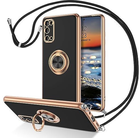 GaoBao Coque pour Samsung Galaxy S20 6.2 avec Cordon et Support Rotatif, Souple Fine Doublure Microfibre Mince TPU Souple, Protection de la caméra, Antichoc Étui Corde Bandoulière Réglable, Noir