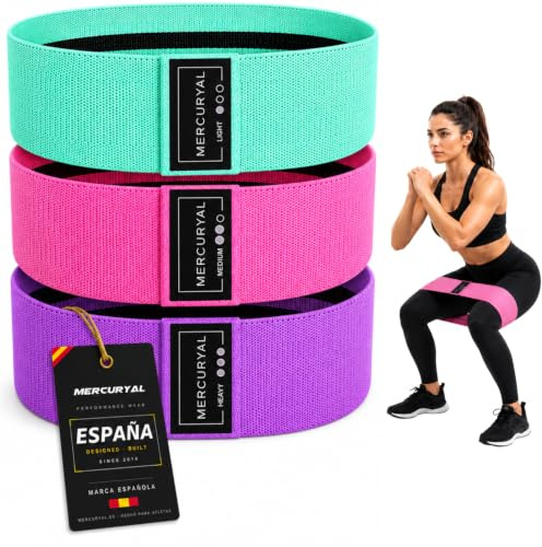 MERCURYAL Pack de 3 Bandas Elasticas Musculacion - Bandas Elasticas Gluteos - Bandas elasticas Fitness Antideslizantes - Bandas Gluteo - Cintas Elasticas Musculacion (Rosa, Verde, Morado)