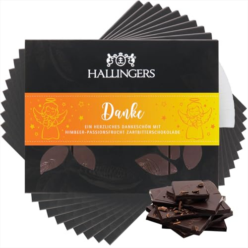 Hallingers Genuss Manufaktur Vegane Schokolade Weihnachts-Geschenk - Tafel handgeschöpfter Edelkakao ohne Alkohol edler Karton 10x Danke Himbeer-Maracuja, Weihnachten für Frauen Männer