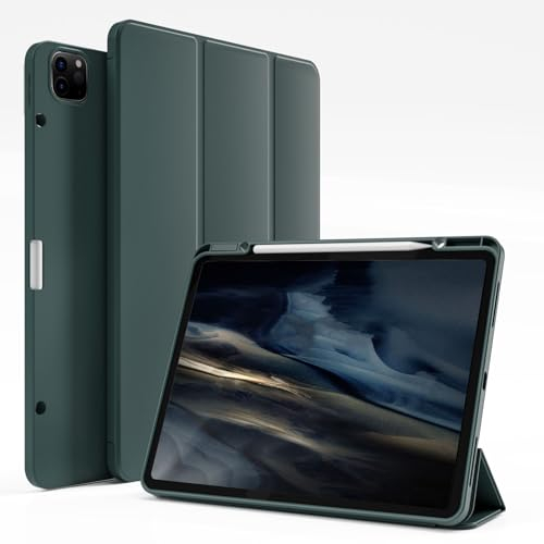 ZKTUYU Coque pour iPad Pro 12.9 Pouces 6ème/5ème/4ème/3ème Génération (Modèle 2022/2021/2020/2018) avec Porte-Stylo, Coque Arrière Flexible en TPU avec Fonction Support, Vert
