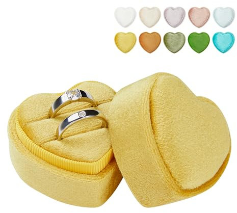 Vacfulliven Samt-Ehering-Box, Valentinstagsgeschenk, 2 Fächer, Vintage-Stil, Schmuck-Ring-Aufbewahrungsbox, Antragsring-Etui (gelber Senf)