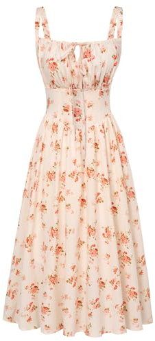 SCARLET DARKNESS Women Summer Dress Victorian Orange Floral Midi Dress Strappy Square Neck Smocked Beach Dresses XL