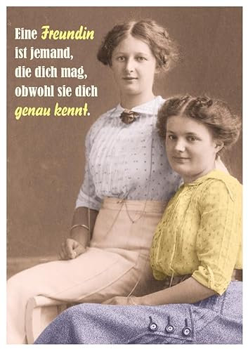 Postkarte für beste Freundin im Vintage Design mit dem Spruch: Eine Freundin ist jemand, die dich mag, obwohl sie dich genau kennt - als Geschenk zu Geburtstagen und besonderen Anlässen.