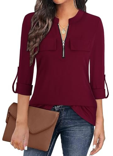 Gemulate Ladies Womens Zip Up Plaid Tunic Blouse Tunic Tops for Women UK 3/4 Sleeve Tops for Women UK Floral Printed Shirts - Wine Red, XL