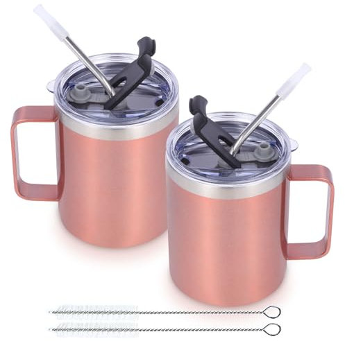 Volhoply Lot de 2 tasses à café isothermes étanches et étanches avec couvercle à paille – Gobelet de voyage à double paroi sous vide en acier inoxydable de 355 ml avec poignée – Gobelets de camping