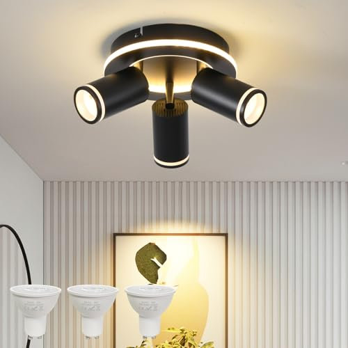 MYCUL Deckenstrahler Stromanschluss, 3-flammig drehbar, LED Unterbauleuchte rund GU10 Halterung, 33W, 360° drehbar, Für Wohnzimmer, Küche, Schwarz