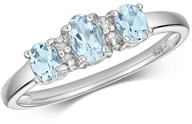 EDS Jewels Funkelndes Feuer Wunderschöner 9 Karat (375) Weißgold Trilogie Damen - Diamant Ring mit Aquamarin TRS40427RSM