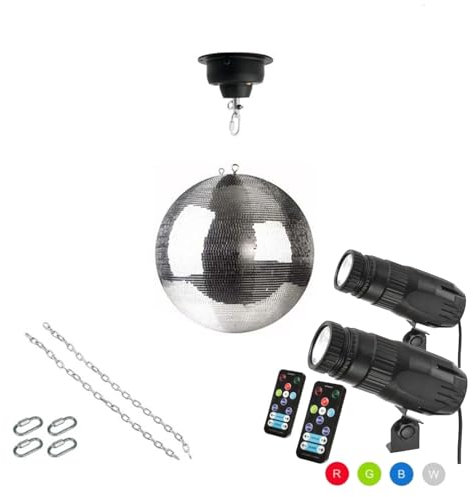 Discokugel Party Lichteffekt Komplettset mit 30cm Spiegelkugel (7x7mm), Motor + 2 x RGBW Spots +FB