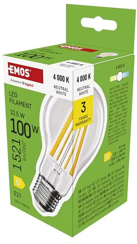 EMOS LED Lampe Edison A60, 10,5W Ersatz für 100W Glühbirne, Vintage-Glühlampe mit E27 Sockel und Helligkeit 1521 lm, Neutralweiß 4000 K, 25000 Stunden Lebensdauer, CRI > 80, 360° Abstrahlwinkel