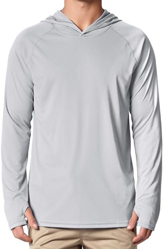 Peakwell Men's UPF 50+ Sun Protection Long Sleeve Hoodie Fishing Rash Guard Tops Lightweight UV-Shirts (Light Grey, XL)