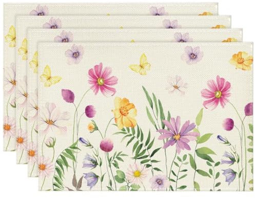Blumen Schmetterling Frühling Platzsets Set 4 Stück, Tischset Ostern, Platzsets Saisonaler Frühling Sommer Küche Tisch Dekoration, Oster Tischdeko, Drinnen Urlaub Party Deko 30x45cm