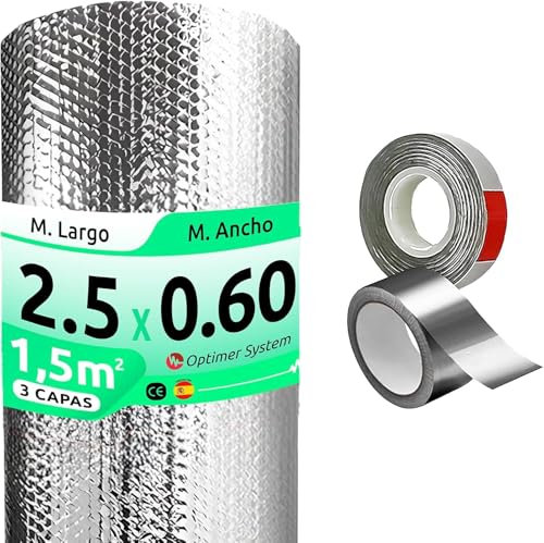 AISLANTE TERMICO MULTIUSOS PREMIUM| Reduce el Frio y el Calor | Rollo Aislante Termico para Ventana, Pared, Suelo, Techo, Coche, Garaje,Camper (2.5x0.60m | 1.5m² + 2 Cintas adhesivas)