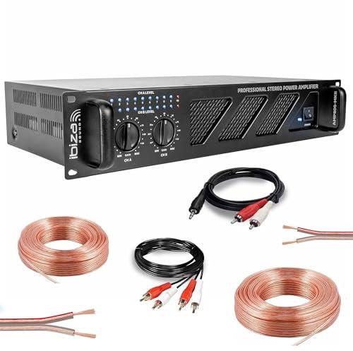 Ibiza Pack Ampli Sono Ibiza Sound 2 x 600W AMP800MKII - Câble HP Haut Parleur 3m - Câble RCA/RCA - Câble PC/RCA