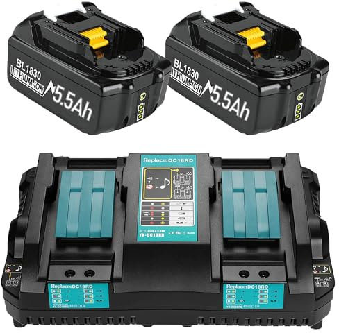 2 x 18V 5.5Ah BL1850B Batteries + 6A DC18RD Dual Port Charger Compatible with Makita Battery 14.4V-18V BL1850 BL1830 BL1840 BL1860 and DC18RD DC18RC DC18RCT DC18RF DC18SF Charger