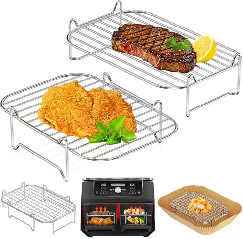 HONYAO heißluftfritteuse Zubehör Stapelbare Grillrost für Dual Zone Airfryer 7,6L–10L, 2er-set Edelstahl Grill Einsätze kompatibel mit Ninja, Cosori, Russell Hobbs, andere Double Körbe Air Fryer