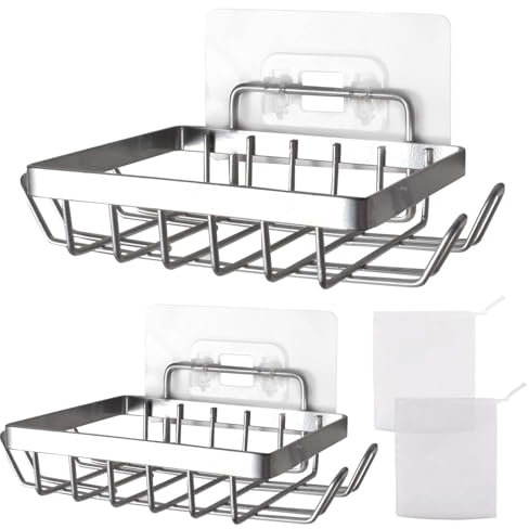Porte-Savon 2 Pièces, Porte-Savon en Fer Forgé, Aucun Perçage Requis, Support Mural Autocollant avec 4 Crochets, Porte-Éponge avec 2 Filets Moussants, Adapté à la Salle de Bain et à la Cuisine