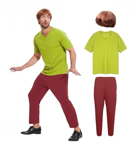 Halloween Zotteliges Kostüm Für Erwachsene und Herren – Kostüm Einer Klassischen Filmfigur Grünes Kurzarm T-Shirt und Braune Hose Outfit mit Perücke (XL)