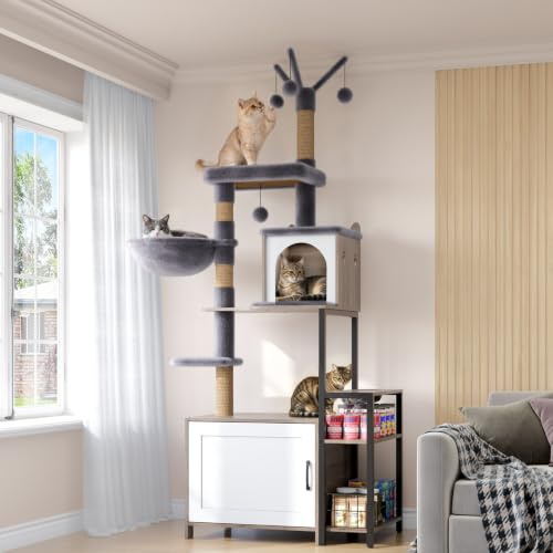 HavenlyYouth Kratzbaum mit Katzenklo Schrank, mehrstöckiger Kratzbaum mit Sisal-Kratzstämmen zum Spielen, kuschelige Hängematte in Grau zum Entspannen