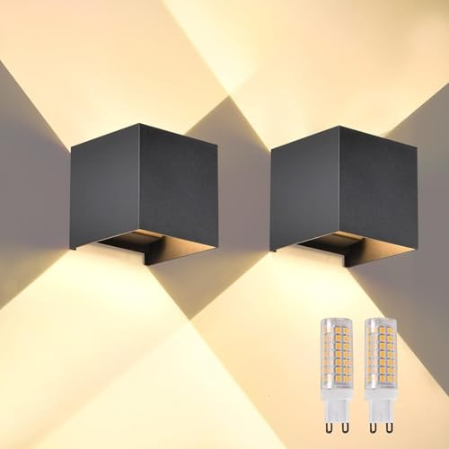 wisdom line G9 LED Wandleuchte Innen/Aussen 2 Stücke Wandlampe Mit Auf und Abwärtsbeleuchtung Einstellbarem Lichtwinkel, Warmweiß 3000K Aluminium 9W außenlampe Wand IP65 Außenwandleuchte Schwarz