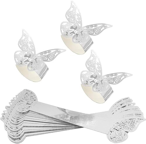 Angelkiss 50 Stück Serviettenringe,Schmetterling,Elegante Serviettenschnallen,ausgehöhlte Serviettenschnallen aus Schmetterlingspapier für Hochzeit, Bankett,Party (Silber)