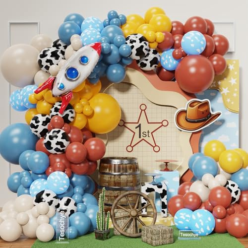 Kit de arco de globos de vaquero occidental, globos retro en arena, blanco polvoriento, azul claro y amarillo mostaza con impresión de vaca y nube, globos para la decoración de la primera fiesta de