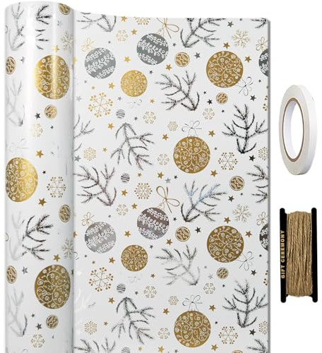 HaloCasa Geschenkpapier Weihnachten Set - 1 Rolle Metallic Folien-Weihnachtspapier in Gold & Silber (43cm x 15m) mit Juteband & Klebeband - für Adventskalender, Geschenkverpackung & Basteln