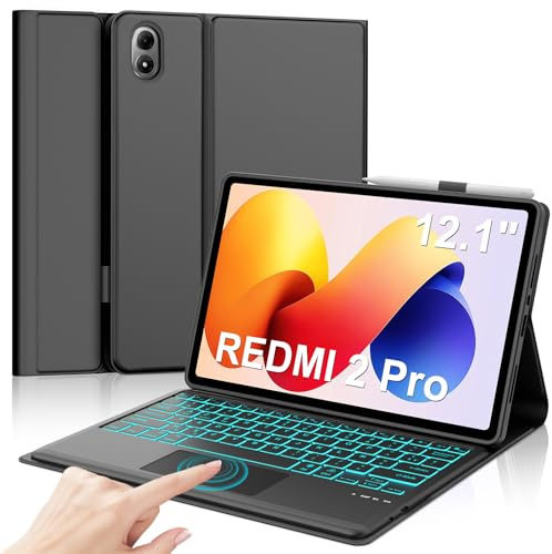 Coque Clavier pour Xiaomi Redmi Pad 2 Pro 2025/Redmi Pad Pro 2024 12.1 | Pavé tactile 7 Couleurs Rétroéclairées, Étui Clavier Détachable Bluetooth sans Fil, AZERTY Français avec Porte Crayon, Noir