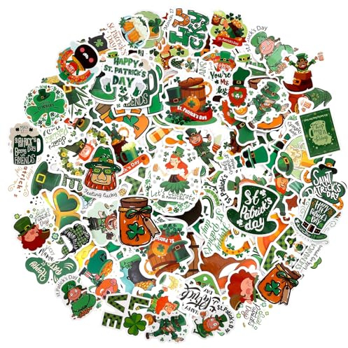 100PCS St Patricks Day Stickers,St Patricks Day Decorations – Waterproof Vinyl Shamrock Decals, Green Irish Aesthetic Stickers for Water Bottles, Laptop, Guitar & Party Decor