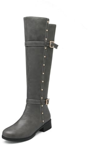 Generico Stivali Donna Equitazione con Tacco Basso - Stivali Alti in Pelle Sintetica con Cerniera, Stile Cavallerizzo per Pendolari,Grigio,37 EU