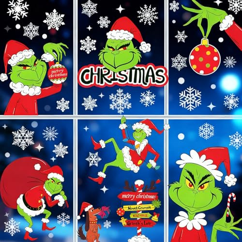 Axingqiwu 9 Blatt Grinch Weihnachtsdeko Fenster, Grinch Deko Weihnachten Fensterbilder, Grinch Aufkleber Selbstklebend für Winter Weihnachtliche Fensterbilder