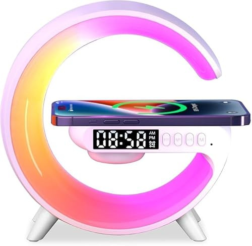 G 63 Wireless Charger, 15W Led Alarm Clock with RGB Lamp Dimmable Ambient Light Smart Table Lamp with Bluetooth Speaker Dazzling Running Lights for Adults Kids Office Bedroom
