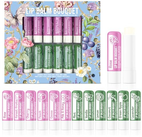 Beauty4Britain Set mit 12 Luxus-Lippenbalsamen Bouquet 12 Verschiedene Düfte Unisex Schützt & Repariert Hydratisiert Angereichert mit Bienenwachs, Kokosöl, Sheabutter, Vitamin E & Aloe Vera