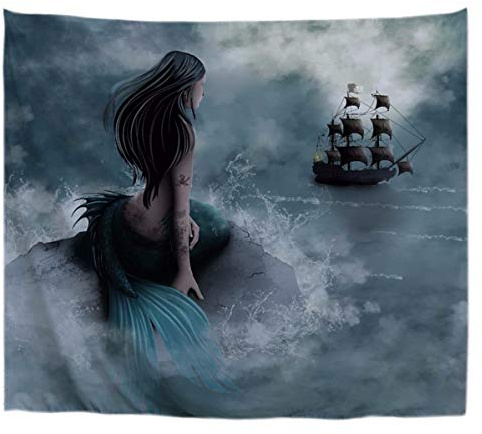 A.Monamour Wanddekor Wandbild Vorhang Wandteppiche Meerjungfrau Und Das Segeln Piratenschiff Kunstdruck Stoff Wandbehang Wandteppich Wand Dekore Fenster Vorhänge Für Wohnzimmer Schlafzimmer 180x230cm