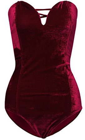Choies Damen Body aus Samt mit tiefem Ausschnitt, trägerlos, Kreuzrücken, Burgunderrot/Schwarz - Rot - X-Large