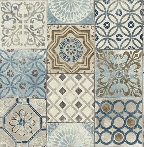 NextWall Moroccan Style Peel and Stick Mosaic Tile Wallpaper. (Blue, Copper & Grey)