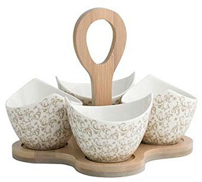 Brandani 53163 ricciolo di fata 4PC Hors D Oeuvre vassoio, porcellana/bambù naturale, bianco