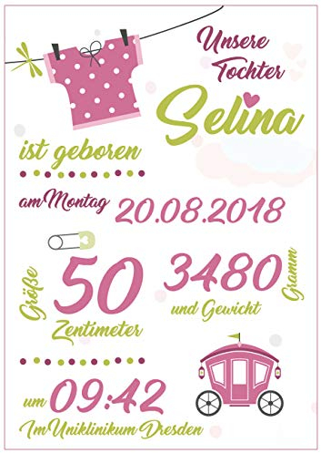 PrimeStick Personalisierte Geburts-Tafel Als Geschenk Zur Geburt Schild PVC Baby Mädchen 21x30cm #002