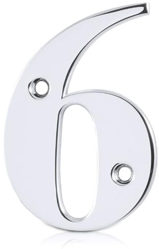 XFORT Polished Chrome Front Door Number 6, House Number Suitable for All Door Types including Wooden, uPVC, and Composite.
