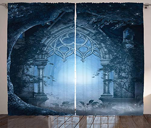 ABAKUHAUS Landschaft Rustikaler Vorhang, Foggy Palace, Wohnzimmer Universalband Gardinen mit Schlaufen und Haken, 280 x 225 cm, Marineblau Grau