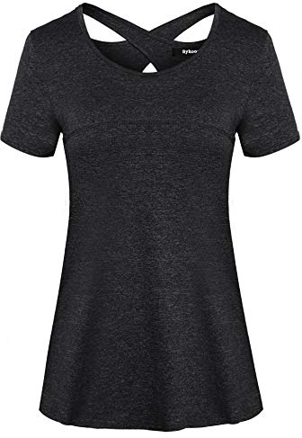 Sykooria Sport Shirts für Damen, Kurzarm Rundhals Sportshirt Leicht Fitness T-Shirts Laufshirt Atmungsaktiv Back Rückenfrei Yoga Tshirt Tops, Schwarz XXL