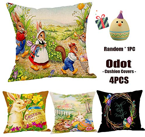 Odot Ostern Leinen Kissenbezug 45 * 45, Hasen Platz Kissenhülle Dekorativ Set Kissen Fall für Sofa Schlafzimmer unsichtbaren Reißverschluss kissenhülle (45 * 45,Frische Blumen)